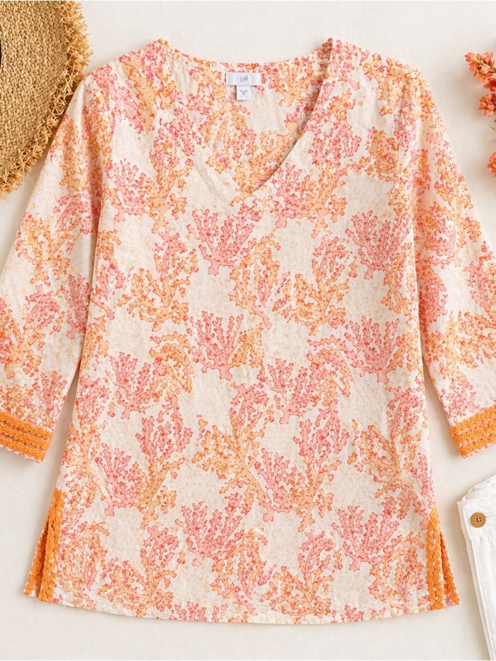 J.Jill Linen Blend Coral Print Tunic Top Orange Trim Beachy Coastal Size Small
